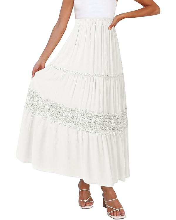 MEROKEETY Women's Boho Elastic High Waist Pleated A-line Ruffle Lace Trim Tiered Midi Maxi Skirt ... | Amazon (US)