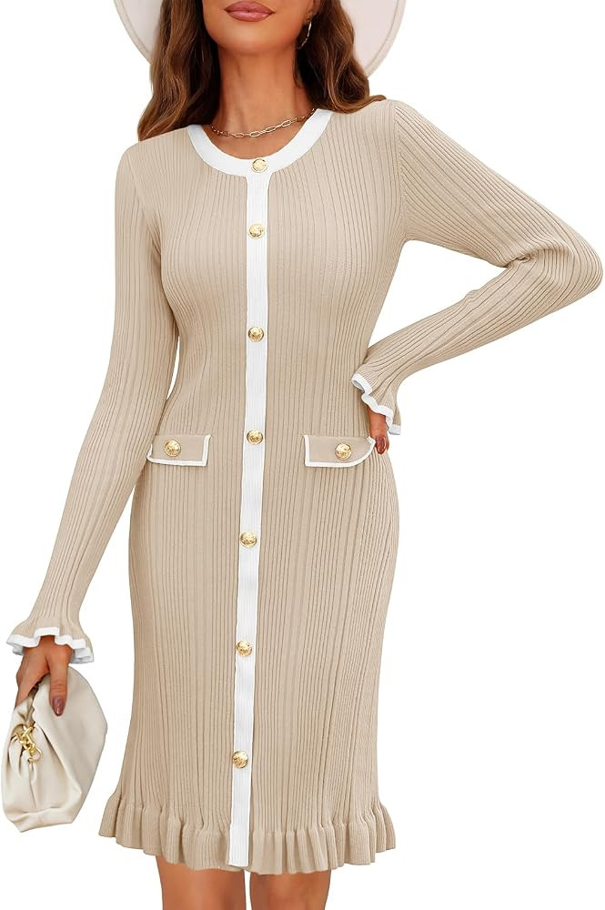 MEROKEETY Women's Long Sleeve Bodycon Sweater Dress Button Color Block Ruffle Ribbed Knit Midi Dr... | Amazon (US)