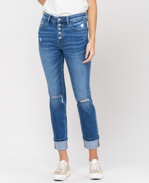 Women's High Rise Distressed Button Up Cuffed Straight Jeans | Macys (US)
