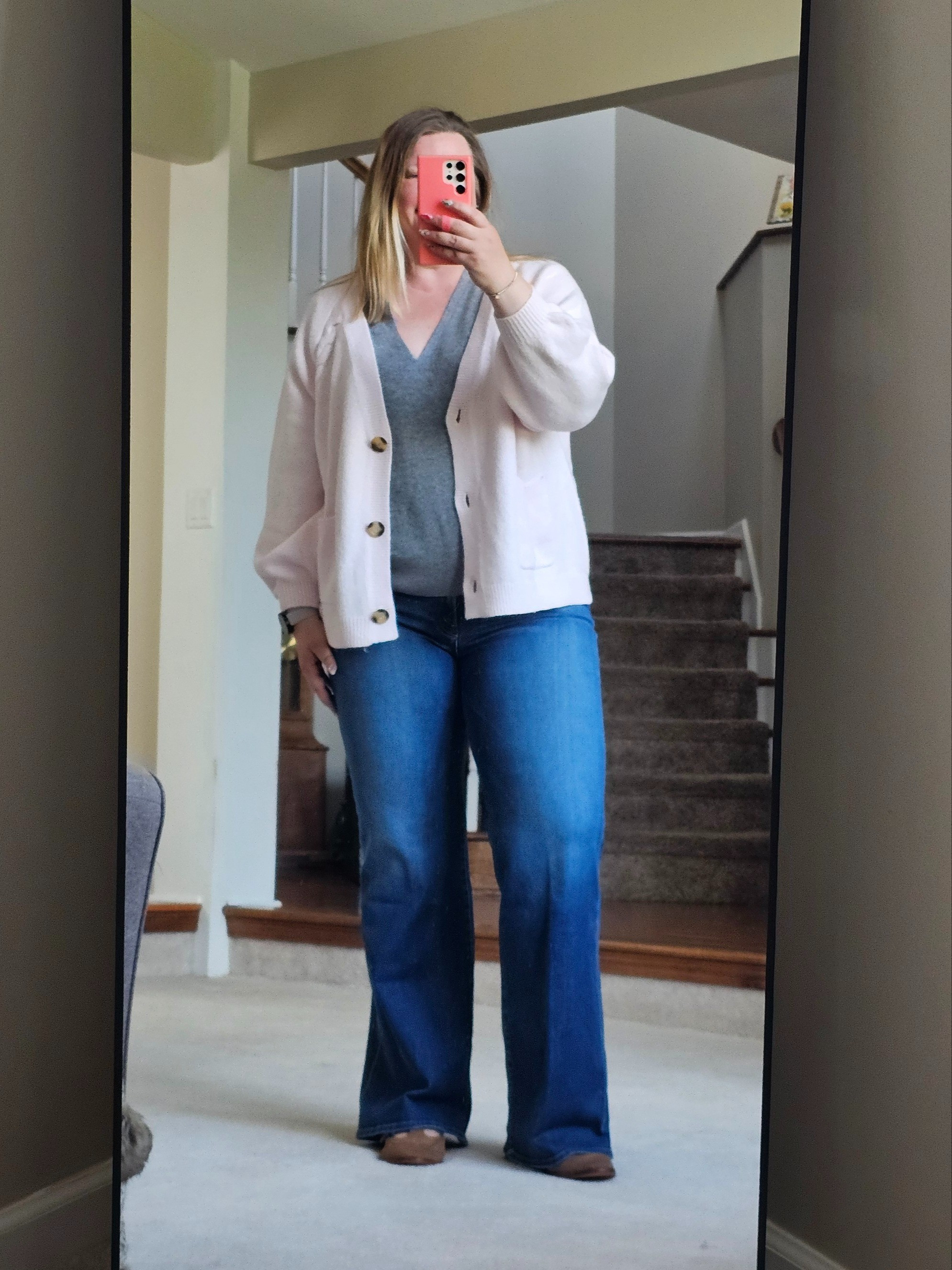 This XL cardigan comes in multiple colors. Soft and not itchy.  Cashmere top is xl and a little itchy. Denim size 34. Mules TTS. Fall fashion.  Cardigan.  Mules.  Cashmere. 

#LTKFindsUnder100 #LTKSaleAlert #LTKOver40