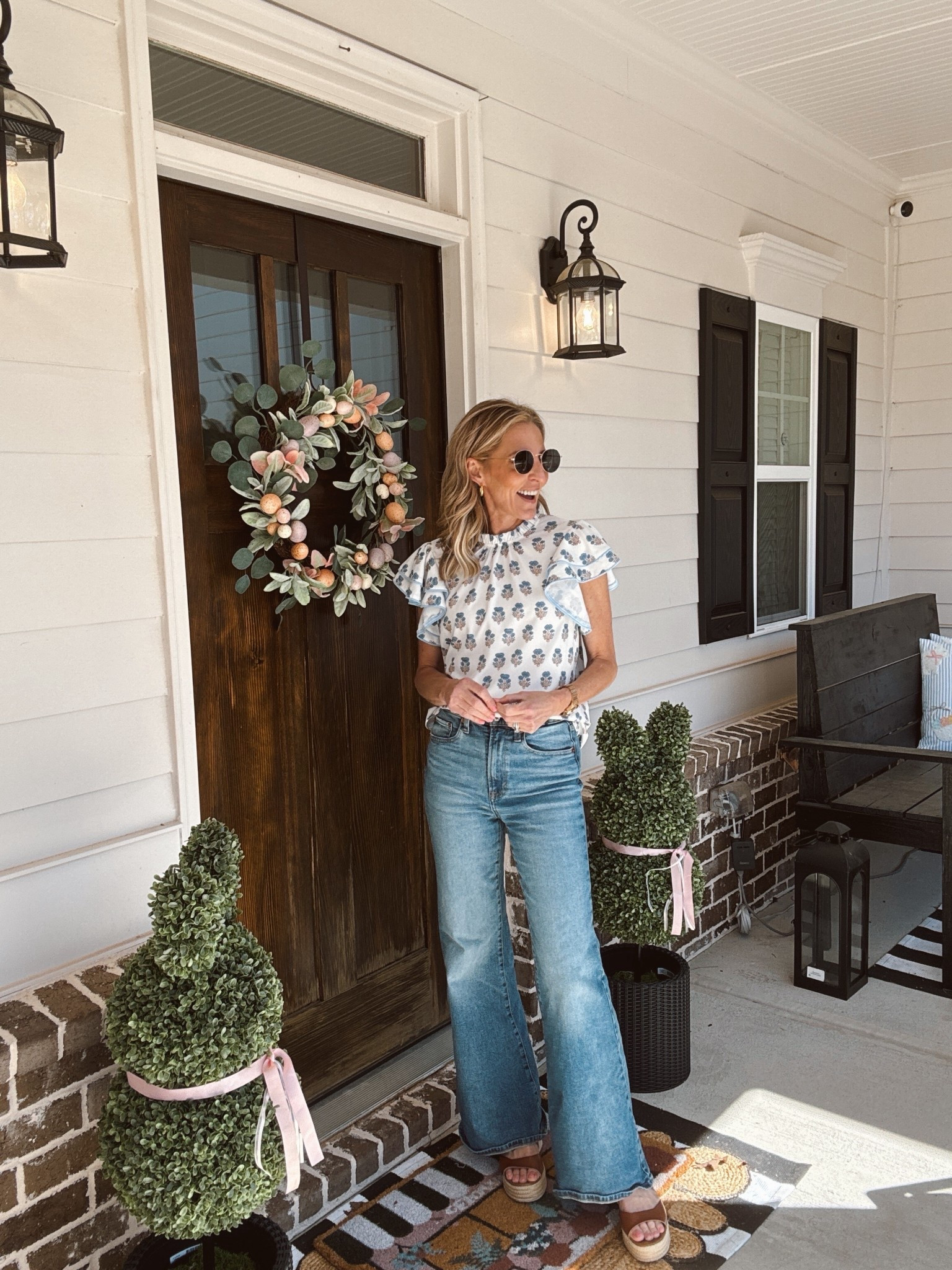 Amazon spring plum top with ruffle sleeves, comes in eight different color options wearing a size small under $30