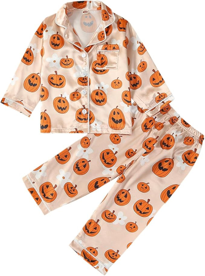 Kayotuas Halloween Pajamas Toddler Girl Pumpkin Ghost Pajama Set Long Sleeve Button Down Shirt Pa... | Amazon (US)