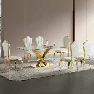 Modern Glass Dining Table, Luxury Stainless Steel Base Dining Table, Rectangular Tempered Glass Top Kitchen Table, Contemporary Dining Room Furniture | Wayfair North America
