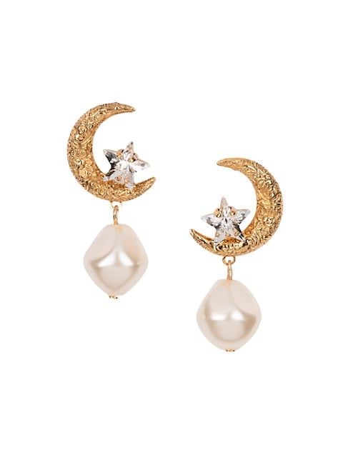 Lune 24K Gold-Plated, Crystal & Glass Pearl Crescent Moon Drop Earrings | Saks Fifth Avenue