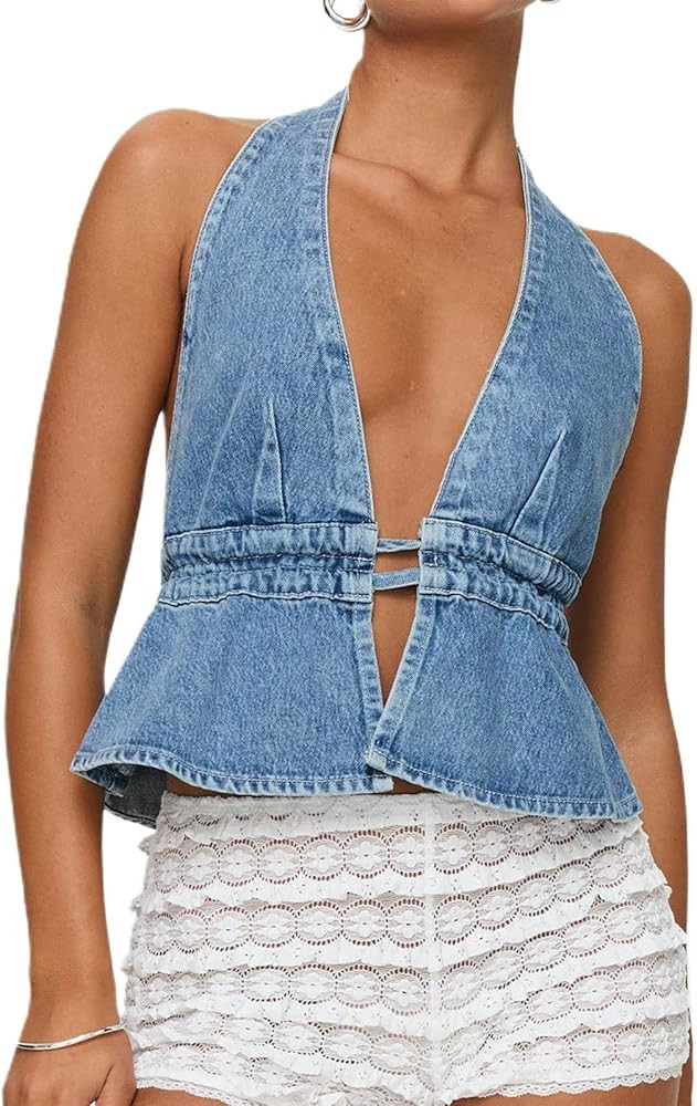 Women's Y2K Tops Halter Sleeveless Backless Deep V Nevk Denim Vest Crop Tank Top Tie Up Jean Jack... | Amazon (US)