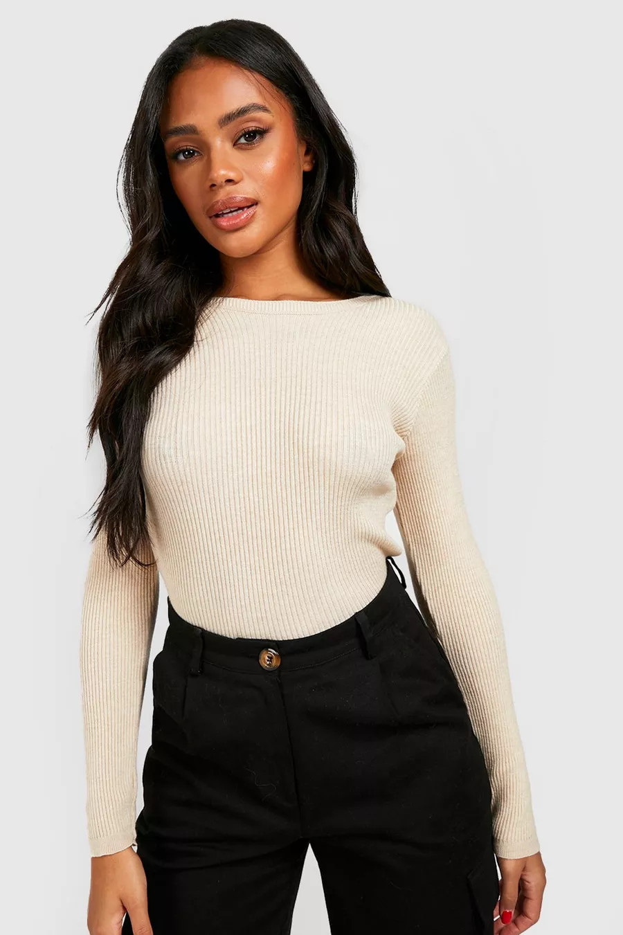 Rib Knit Crew Neck Long Sleeve Top | Boohoo.com (UK & IE)