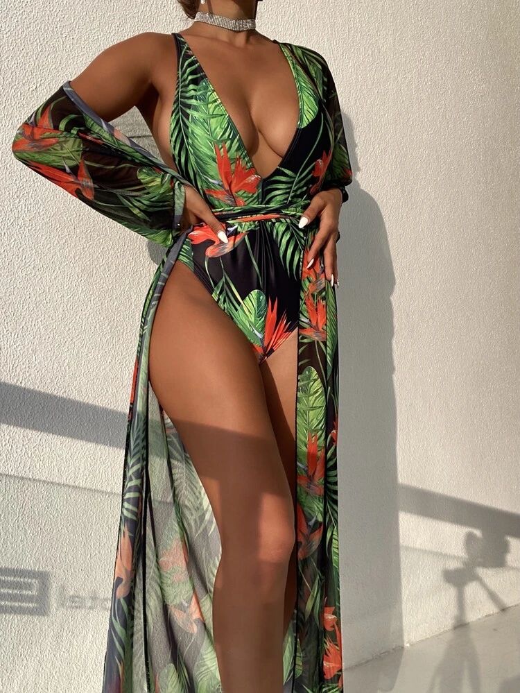Allover Plant Print Backless One Piece Swimsuit With Kimono | SHEIN