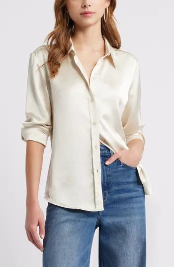 Open Edit Long Sleeve Satin Button-Up Shirt | Nordstrom | Nordstrom