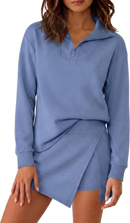 Fisoew Womens 2 Piece Skirt Sets Half Zip Sweatshirt Athletic Skorts | Amazon (US)