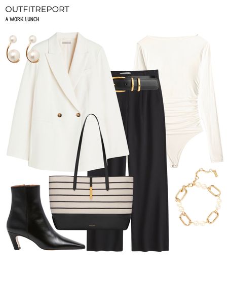 Black trousers style outfit white bodysuit white blazer stripe tote handbag black heeled booties and belt 

#LTKeurope #LTKstyletip #LTKshoecrush