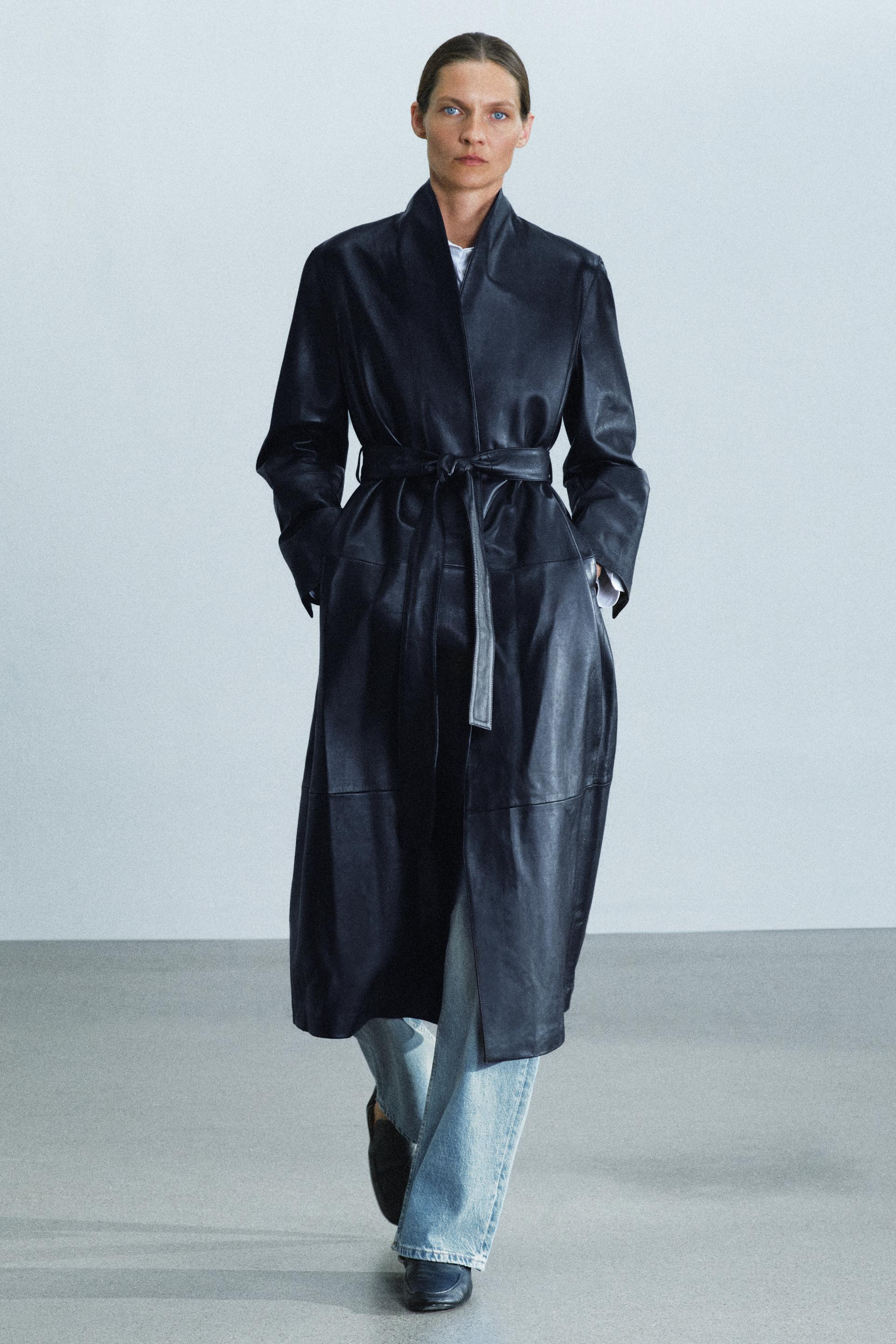 Zara - Zw Collection 100% Leather Belted Long Coat - Blue / Black - Xs - Woman | Zara US