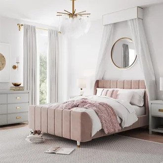Max & Finn Valentina Kids' Full Upholstered Bed, Pink Velvet | Walmart (US)