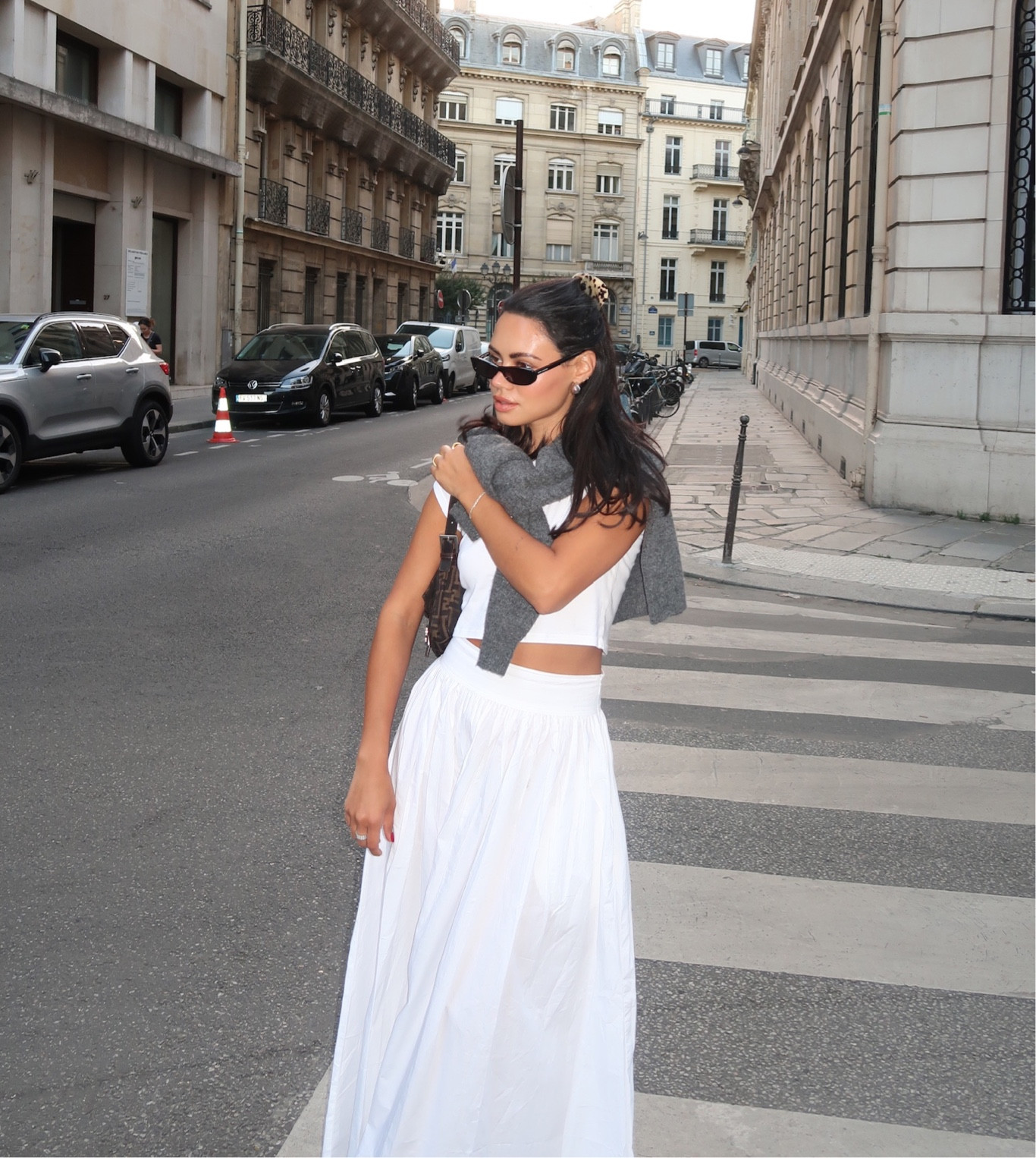 boxy crop tee, white maxi skirt, Steve Madden black flats, grey knit sweater 