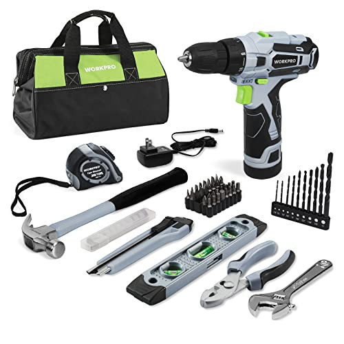 WORKPRO 12V Cordless Drill Driver and Home Tool Kit, Hand Tool Set for DIY, Home Maintenance, 14-inch Storage Bag Included | Amazon (US)