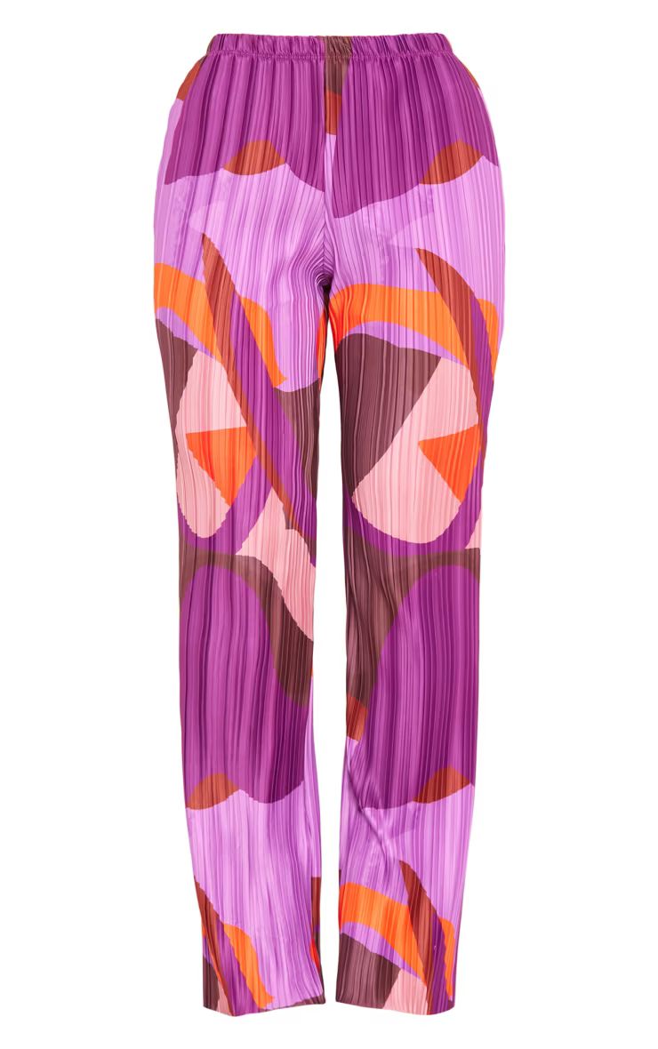 Pink Print Plisse High Waist Wide Leg Pants | PrettyLittleThing CAN