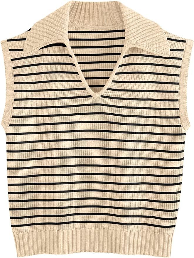 LILLUSORY Women's Summer V Neck Sweater Vest Sleeveless Collared Casual Striped Tank Tops 2024 | Amazon (US)