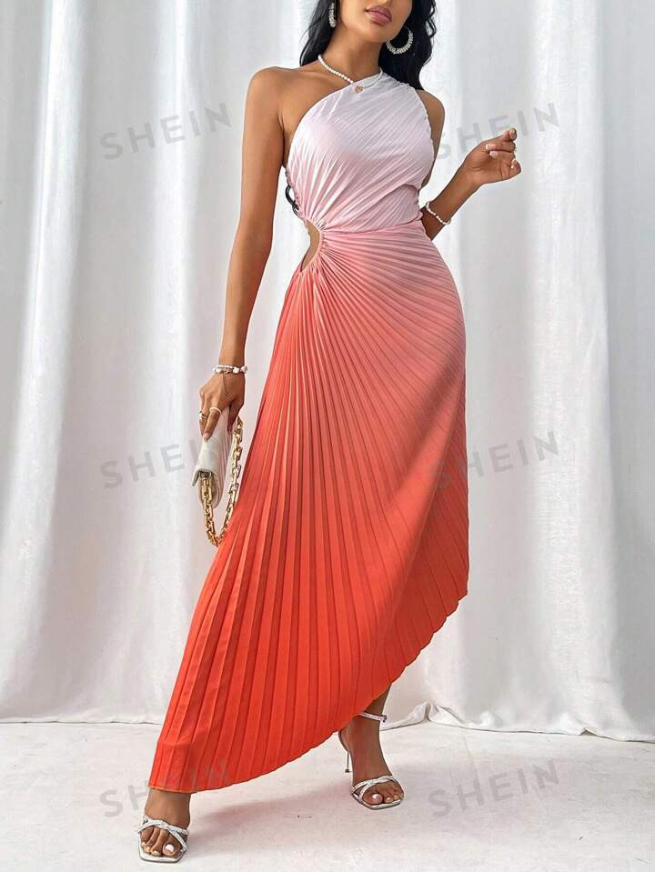 SHEIN Privé Summer Women Elegant Vacation Beach Floral Printed One-Shoulder Pleated Hollow Out D... | SHEIN