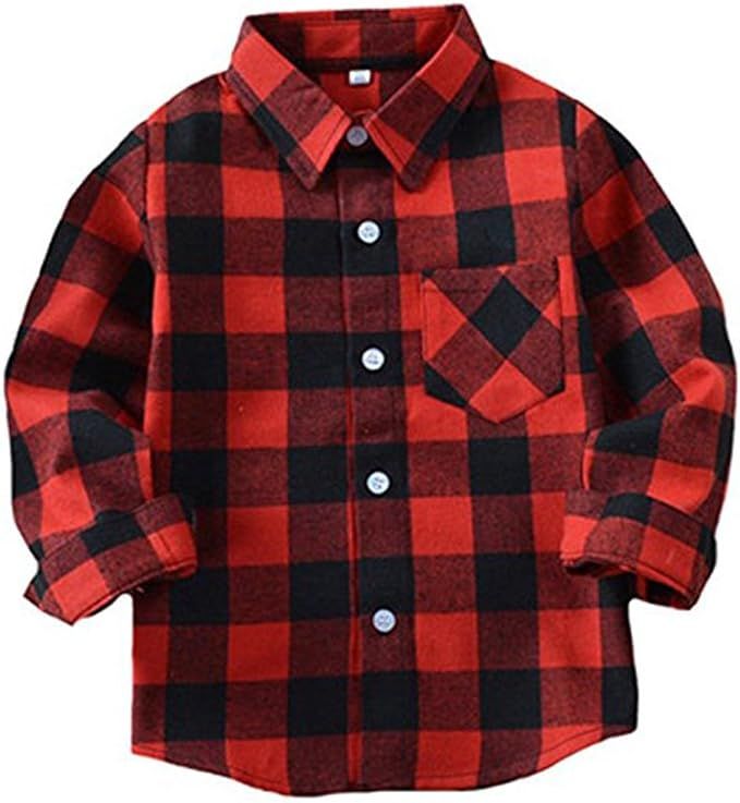 Happy GoGo Kid Girl Boy Long Sleeve Button Down Plaid Flannel Shirt | Amazon (US)