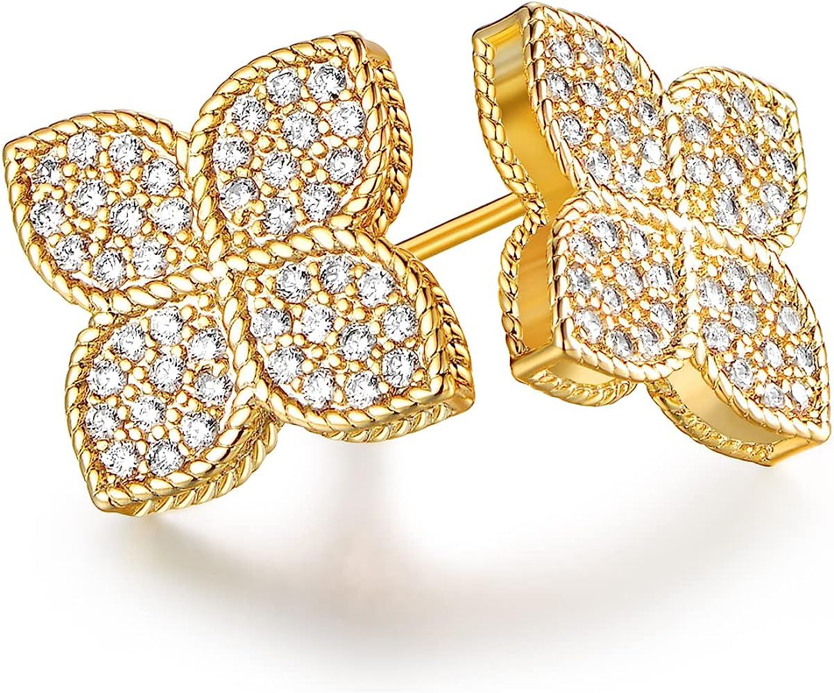 Barzel 18K White Gold & Gold Plated Four Leaf Clover Flower Stud Earrings | Amazon (US)