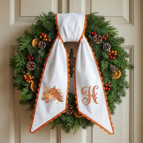 Fall Wreath Sash Bow for Front Door, Personalized Initial Wreath Sashes 54x5 in, Autumn Wreath Ribbon, Monogram Garland Accessories, Farmhouse Door Wreath Decor, Pumpkins Monogram Embroidered Sash | Amazon (US)