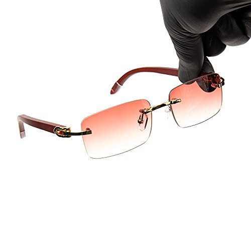 Square Rimless Gold Frame Burgundy Tint Luxury Sunglasses for Women Men Trendy Rectangle Vintage Woodgrain Shades Retro 90s Gangster Frameless Sun Glasses | Amazon (US)