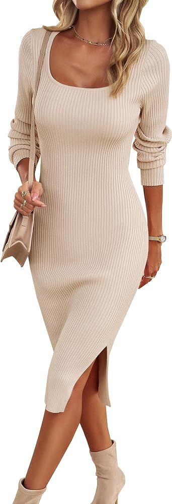 VintageClothing Women's 2023 Fall Long Sleeve Sweater Dress Square Neck Side Slit Bodycon Ribbed ... | Amazon (US)