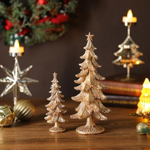 Pinkunn 2 Pcs Gold Christmas Tree Figurines Glitter Resin Christmas Tree Table Decorations Modern Decorative Xmas Trees Table Centerpiece for Holiday Mantel Indoor Home Decor | Amazon (US)
