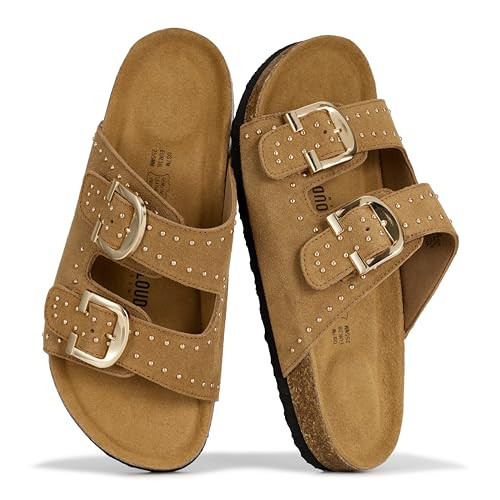 Project Cloud 100% Genuine Leather Womens Sandals - Lightweight Sandals for Women 2026 Memory Foam Insole & Natural Cork Footbed Beach Essentials Slides for Women Footwear(VenitaStud,CHSTNUTSDE,6.5M) | Amazon (US)