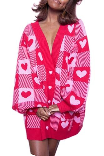 Heart Sweater for Women Romantic Checkered Cardigan Button Down Oversized Long Sleeve Plaid Valentines Knit Outwear(Hearts Red,Large) | Amazon (US)