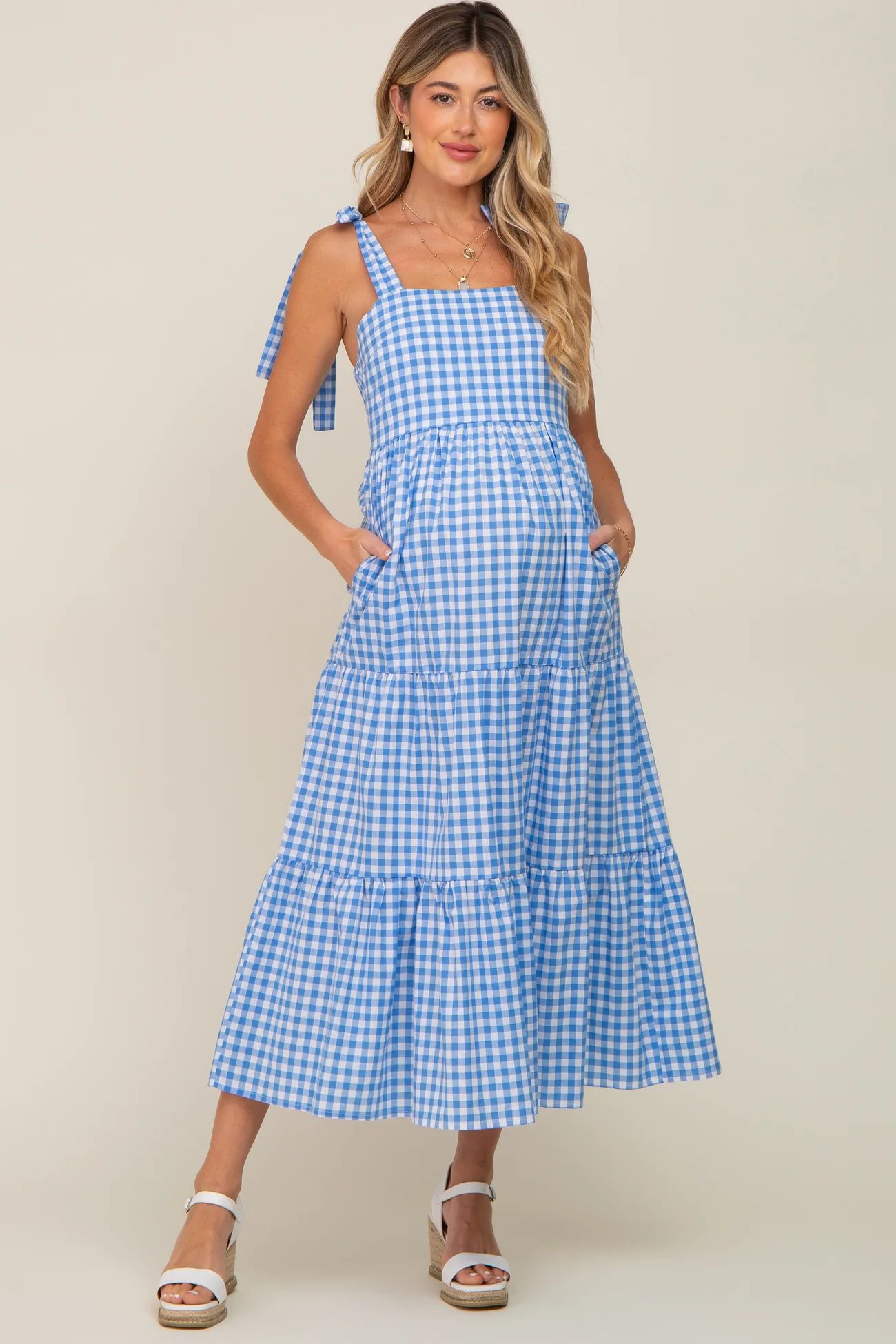Blue Checkered Sleeveless Tiered Maternity Maxi Dress | PinkBlush Maternity