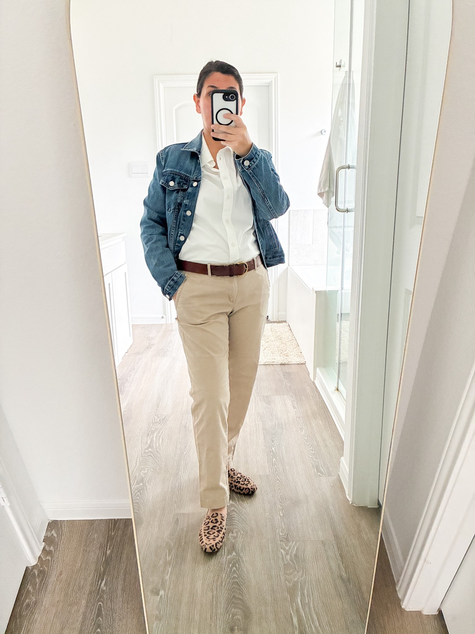 Pinterest predicts a resurgence of khaki and I am not mad about it. I have always loved how denim looks with khaki and this outfit combines the formal and casual with a denim jacket and a white button down shirt. Another perk of this preppy and comfy outfit is that each piece is easy to use in lots of other outfits. 

#LTKPetite
