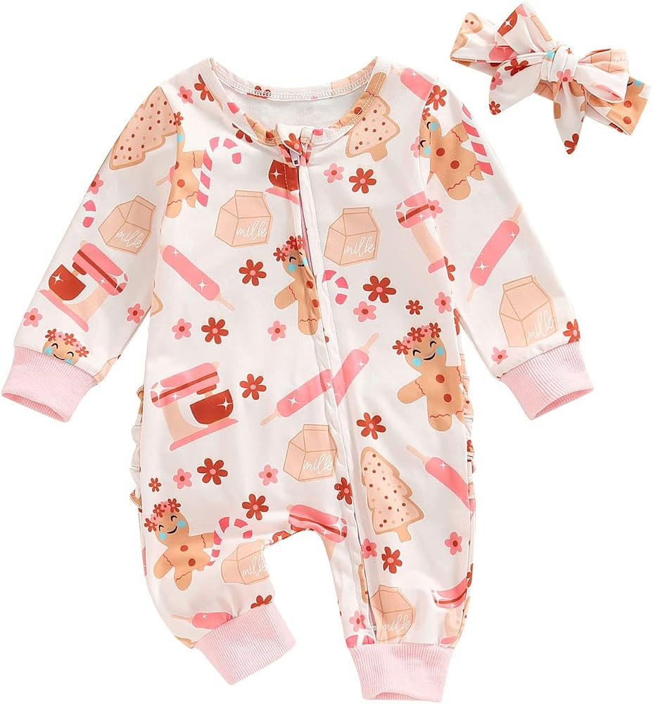 Infant Baby Girl Christmas Jumpsuit Long Sleeve Santa Gingerbread Zipped Romper Headband Newborn ... | Amazon (US)