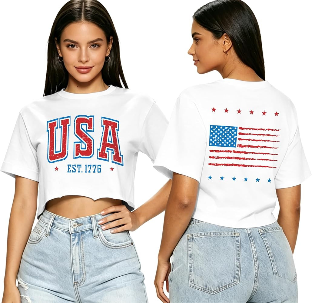 hohololo USA Crop Tops Women 4th of July Shirts Patriotic Shirt American Flag Tee Memorial Day Ts... | Amazon (US)