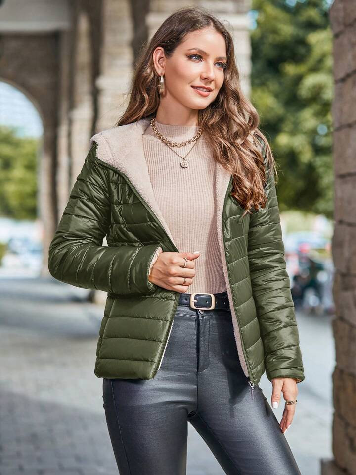 SHEIN LUNE Zip Up Hooded Plush Lined Hooded Puffer Coat | SHEIN