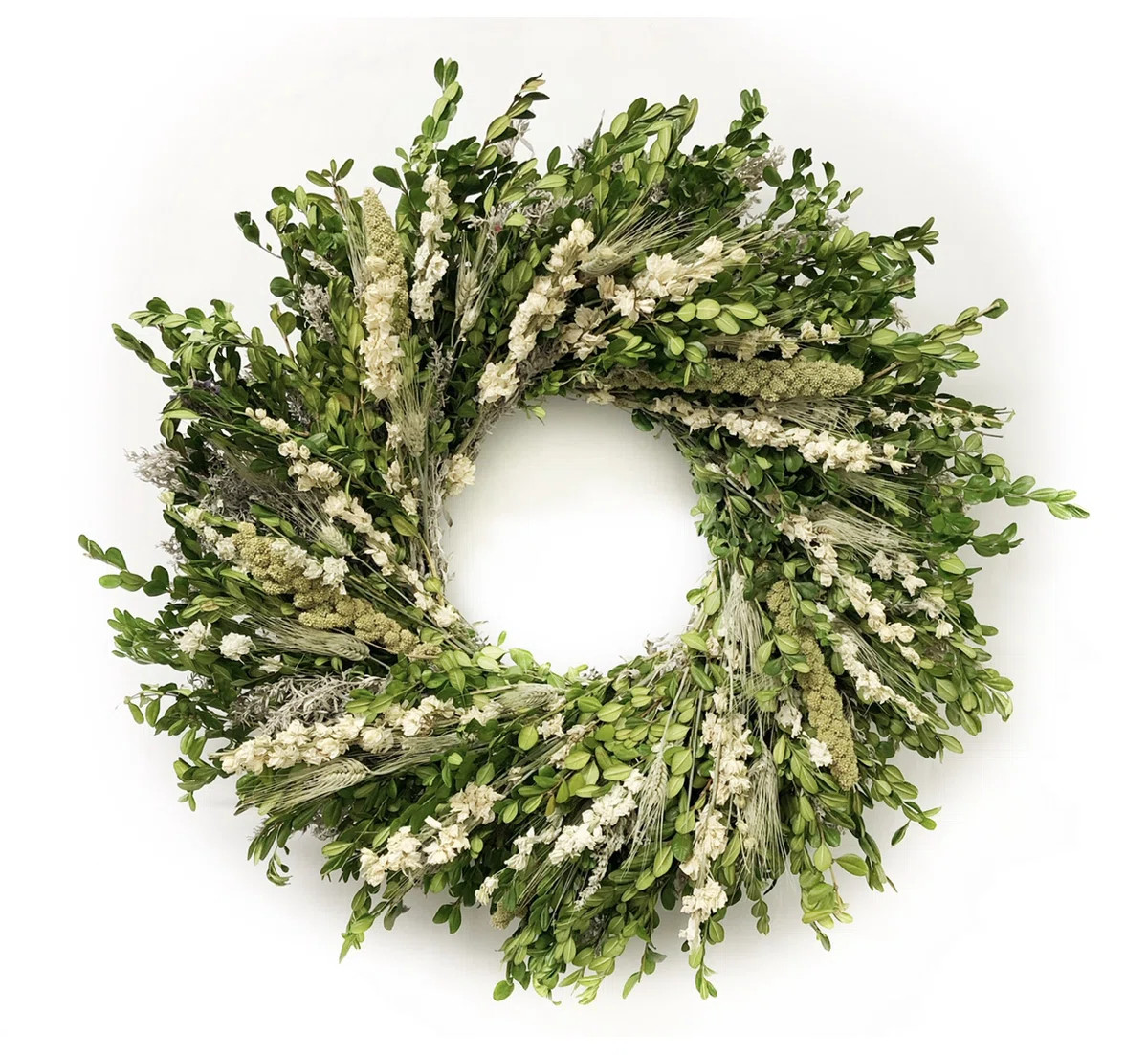 Handmade Natural Dried Flowers Boxwood, Greenery, and White Larkspur Greens and Whites Wreath | Wayfair North America