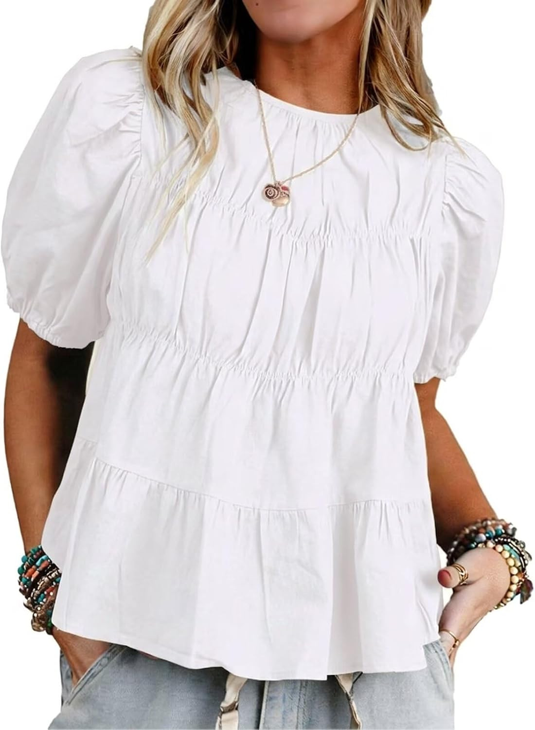 TZLDN Womens Flowy Babydoll Tops Short Puff Sleeve Peplum Blouses Dressy Casual Summer Boho Tops Smocked Ruffle Cute Shirts | Amazon (US)