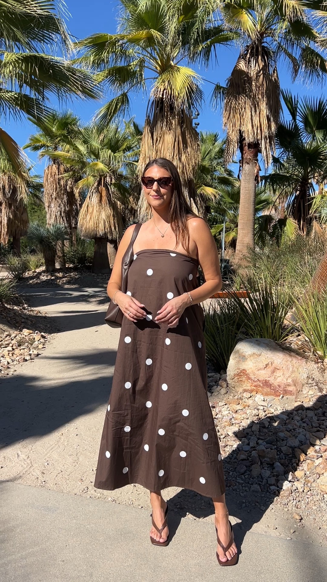 Palm Springs outfit idea wearing Amazon strapless brown polka dot dress size amazon fashion | amazon midsize | amazon womens fashion | amazon fall fashion | amazon outfit | 

#LTKTall #LTKFindsUnder100 #LTKFindsUnder50