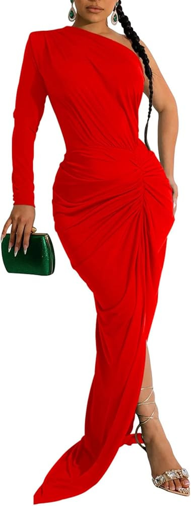 Women's Sexy One Shoulder Maxi Dress Ruched Bodycon Long Sleeve Split Formal Cocktail Party Guest... | Amazon (US)