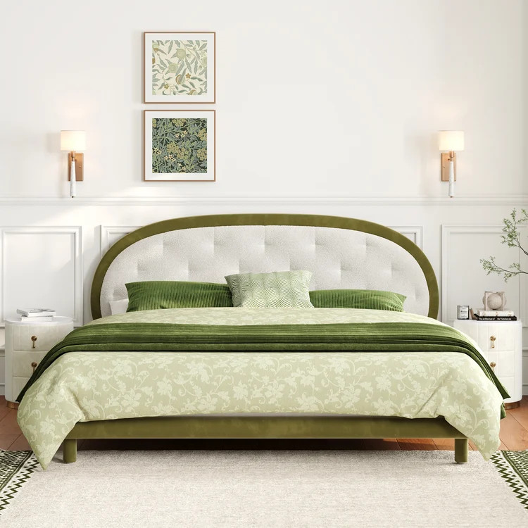 White & Green Velvet Boucle Platform King Bed Frame | Homary