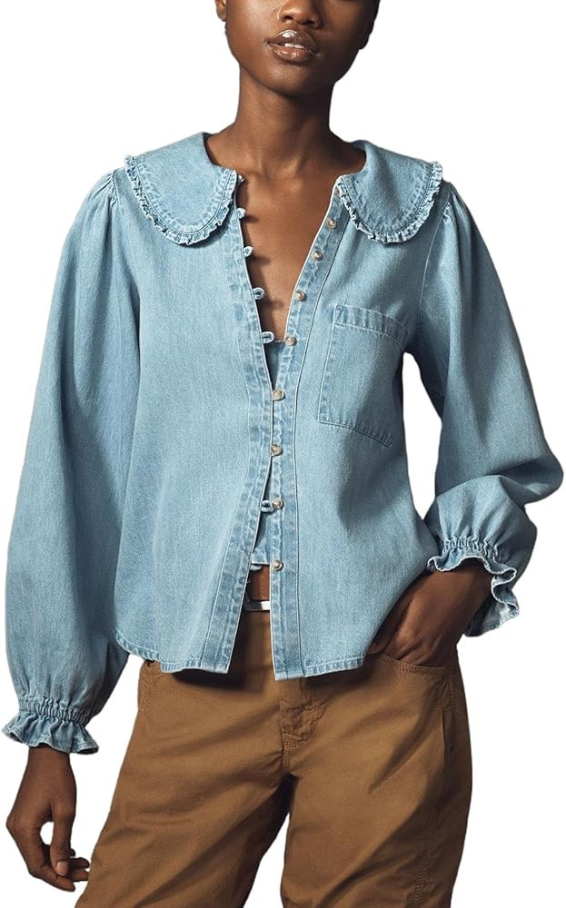 Apvirdy Women's Ruffle Long Sleeve Denim Shirts Peter Pan Collar Button Down Jean Blouse Casual D... | Amazon (US)