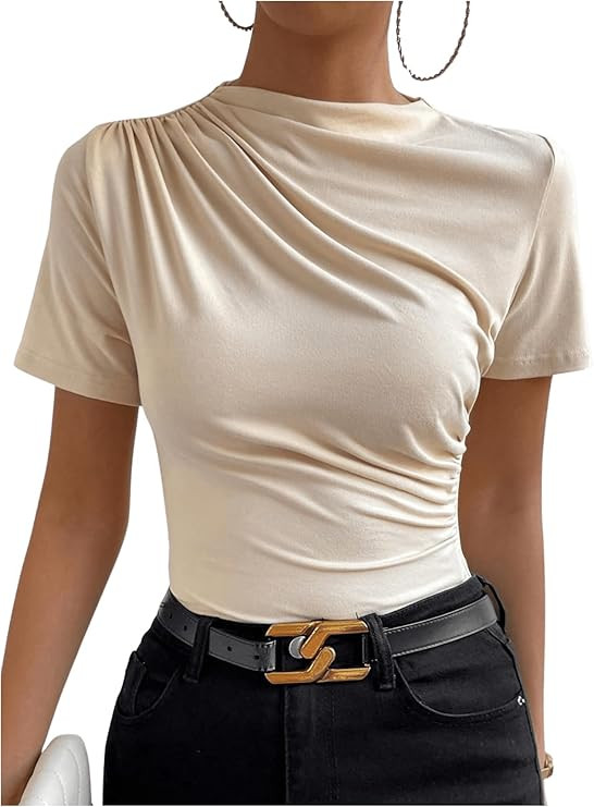 SweatyRocks Women's Ruched Mock Neck T Shirt Short Sleeve Fitted Summer Basic Tops | Amazon (US)