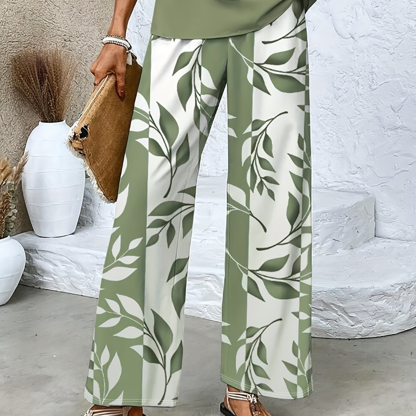 TEMU Women' Floral Pants - Light Green With White Flowers, High-waisted Wide-leg Design, Or Casual Attire, Casual Wear Pants | Floral Print Pants | Machine Washable, Cute Pants | Temu Affiliate Program