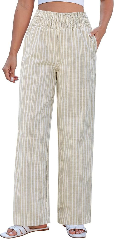 GRAPENT Linen Pants for Women Wide Leg Trendy Pull On High Rise Striped Elastic Smock Waist Beach... | Amazon (US)