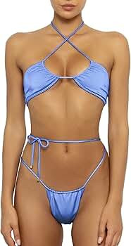 Women Cheeky Bikini Set Halter Thong Solid Color Adjustable Cinched String Two Piece Brazilian Sw... | Amazon (US)