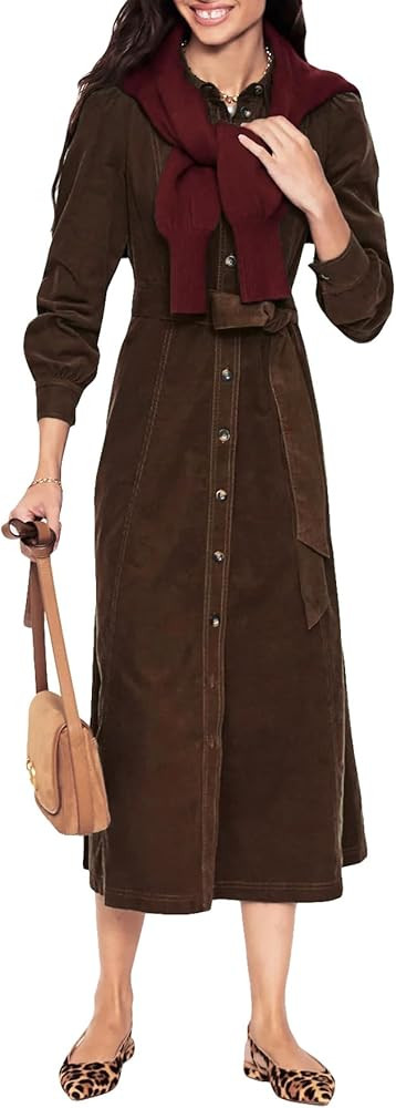 Women's Corduroy Maxi Dress Long Sleeve Cord Button Down Fall Shirt Long Dress with Belt | Amazon (US)