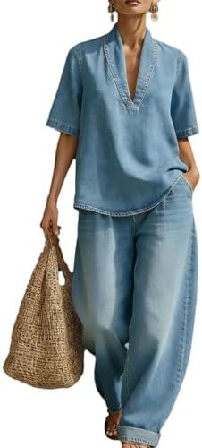 Wuitrie Denim Two Piece Set for Women V Neck Short Sleeve Blouse Tops Wide Leg Jean Pants Pants G... | Amazon (US)