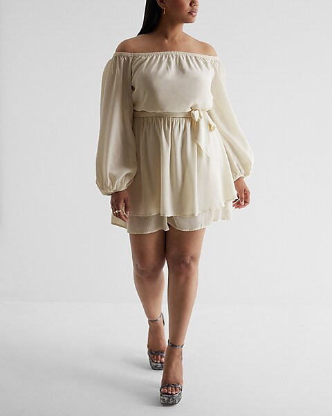 Off The Shoulder Tie Waist Ruffle Romper | Express