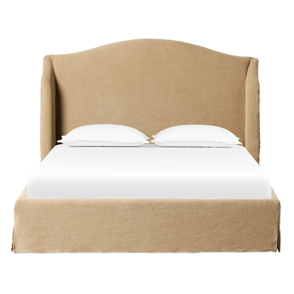 Maddie Modern Beige Upholstered Linen Slipcovered Wingback Bed - Queen | Kathy Kuo Home