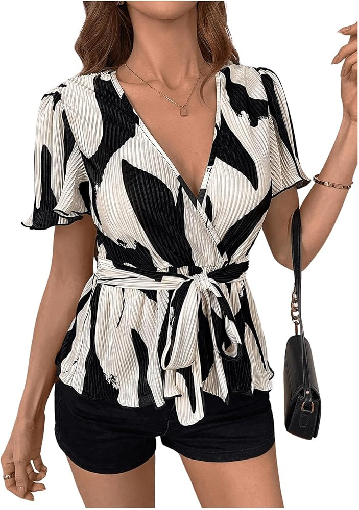 SOLY HUX Women's Casual Printed V Neck Blouse Short Sleeve Belted Ruffle Shirts Tops | Amazon (US)