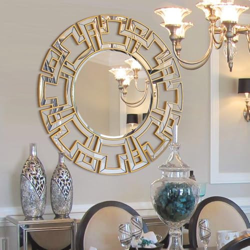 Chende Gold Mirrors for Decor, 32'' Round Wall Mirror with Beveled Glass Frame, Modern Decorative Mirror with Wood Frame for Living Room, Entryway, Dining Room, Bathroom | Amazon (US)